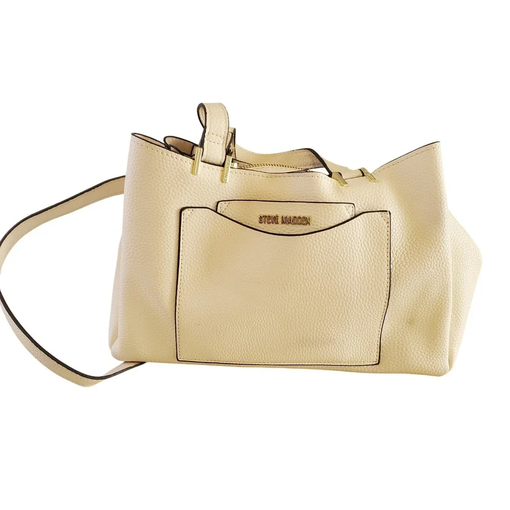 Steve Madden Cream Pebbled Satchel Crossbody Bag Gold Hardware Triple Compartmen
